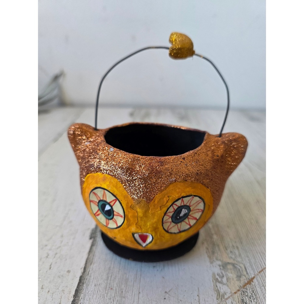 Dept 56 vintage owl paper basket fall Halloween glitter decor mini